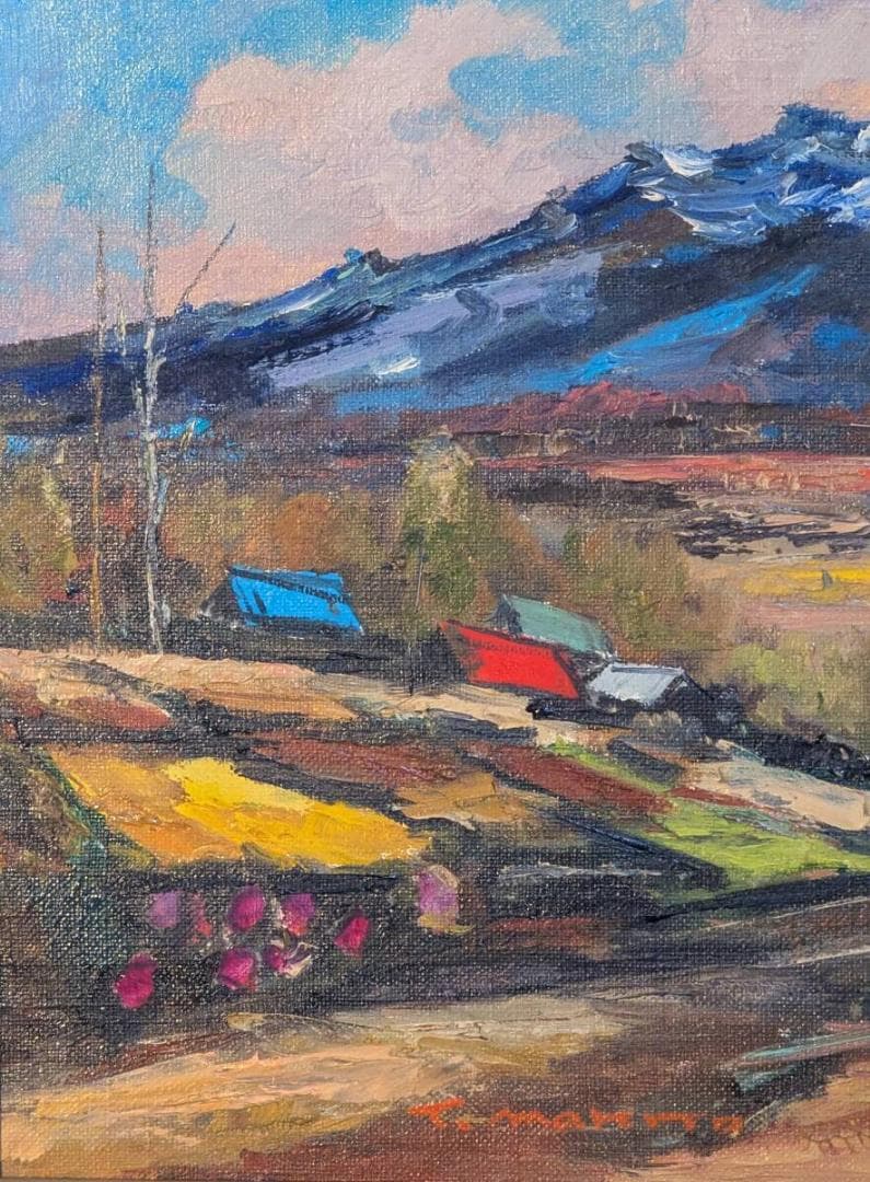 【真作】絵画　牧戸耐二　油彩4号　八ヶ岳の春　農村の四季　日本の山里　Y146