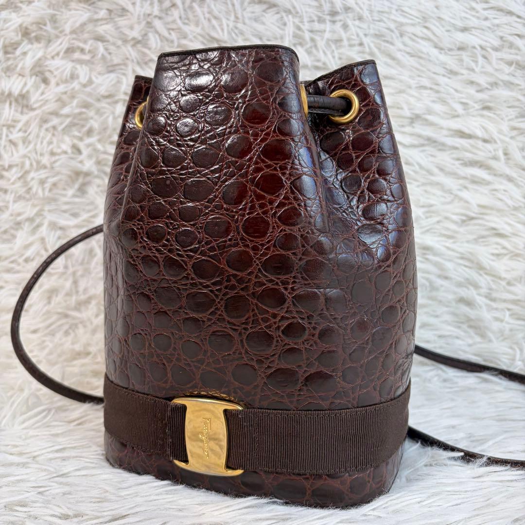 極美品✨フェラガモ クロコ ヴァラ 2way 巾着 ミニリュック ショルダー