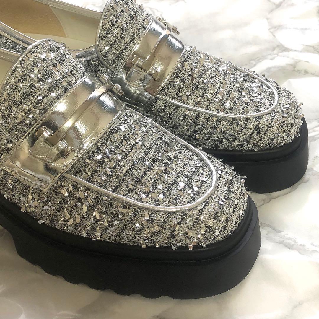 ✨️激レア完売品✨️ ダイアナ DIANA シルバー ツイード 厚底ビットローファー