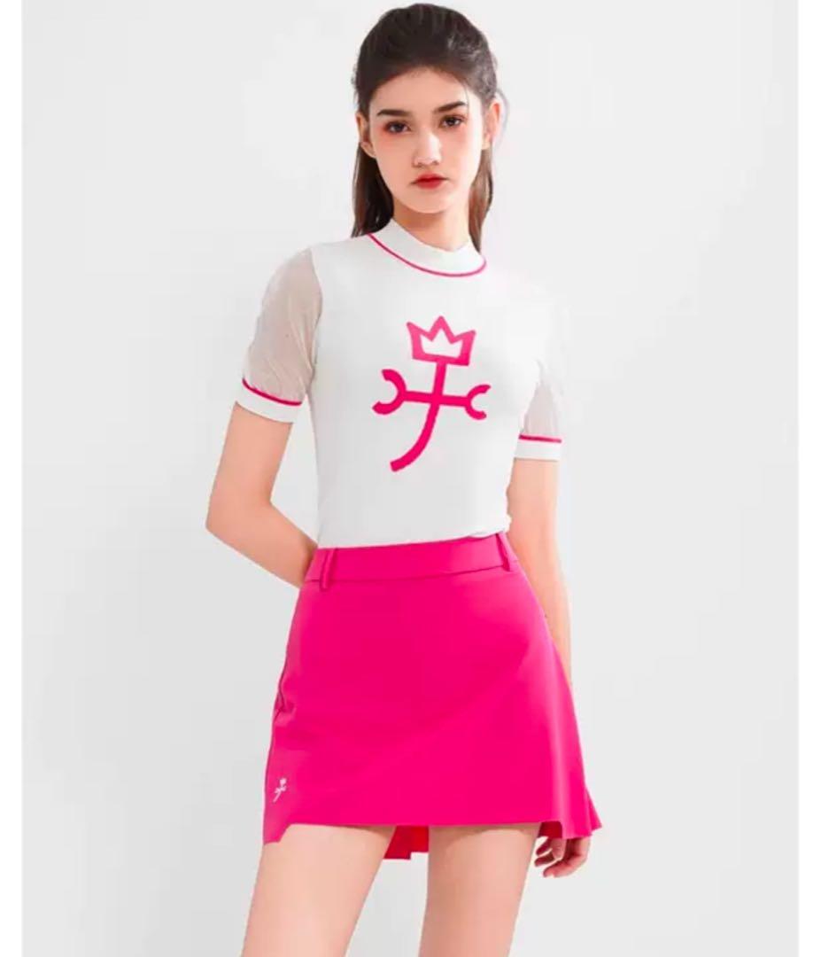 新品夏用カステルバジャっクロゴ入りゴルフモックネックトップスTOP白&黒&ピンク