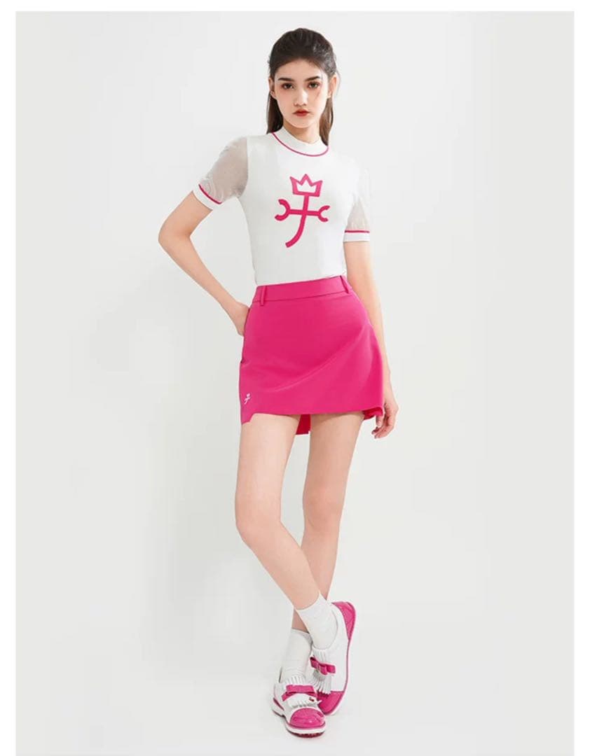 新品夏用カステルバジャっクロゴ入りゴルフモックネックトップスTOP白&黒&ピンク