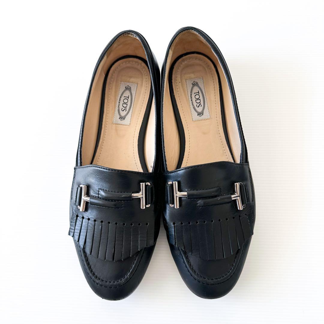 TOD'S フリンジ レザー ローファー フラット 黒 38 24.5cm