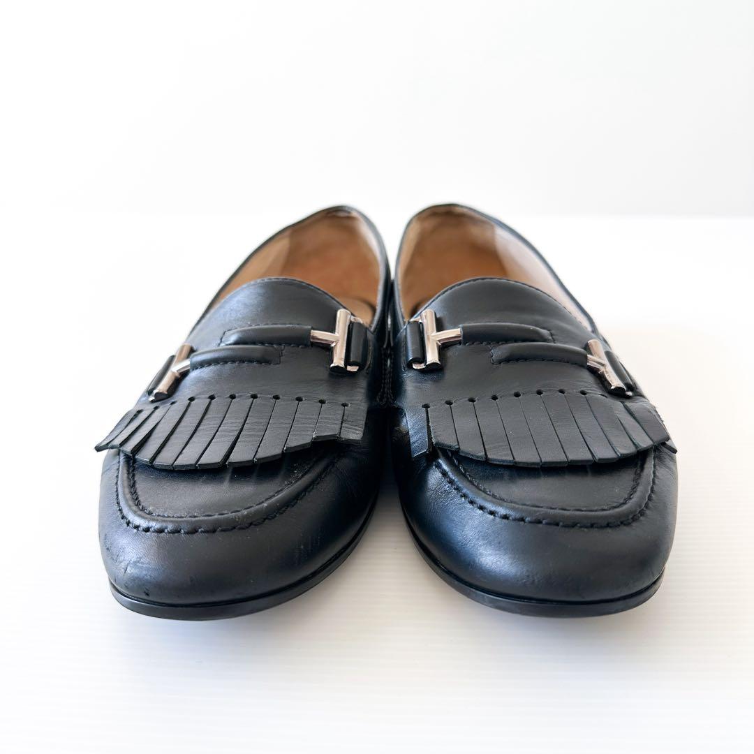 TOD'S フリンジ レザー ローファー フラット 黒 38 24.5cm