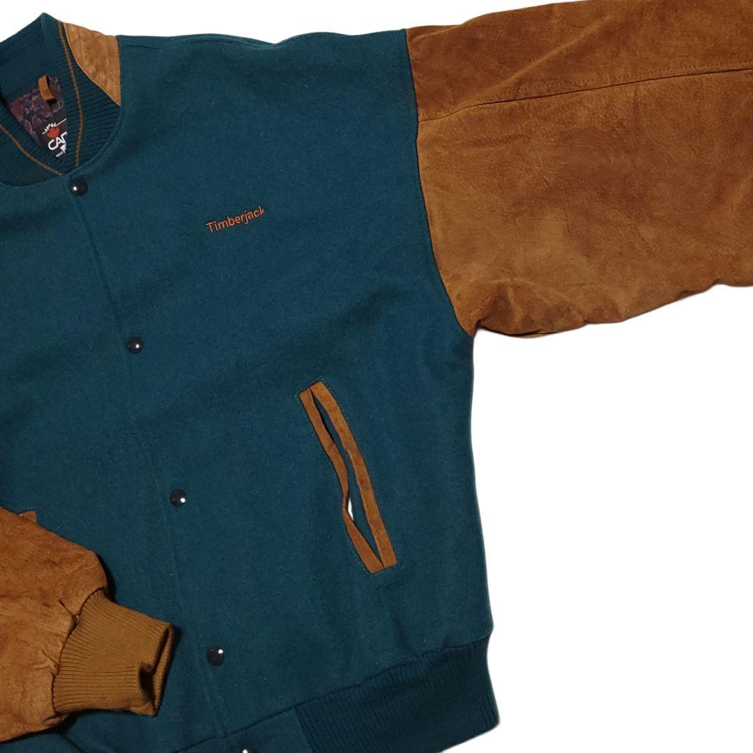 90s カナダ製 ウール×スウェード スタジャン 緑 L 古着