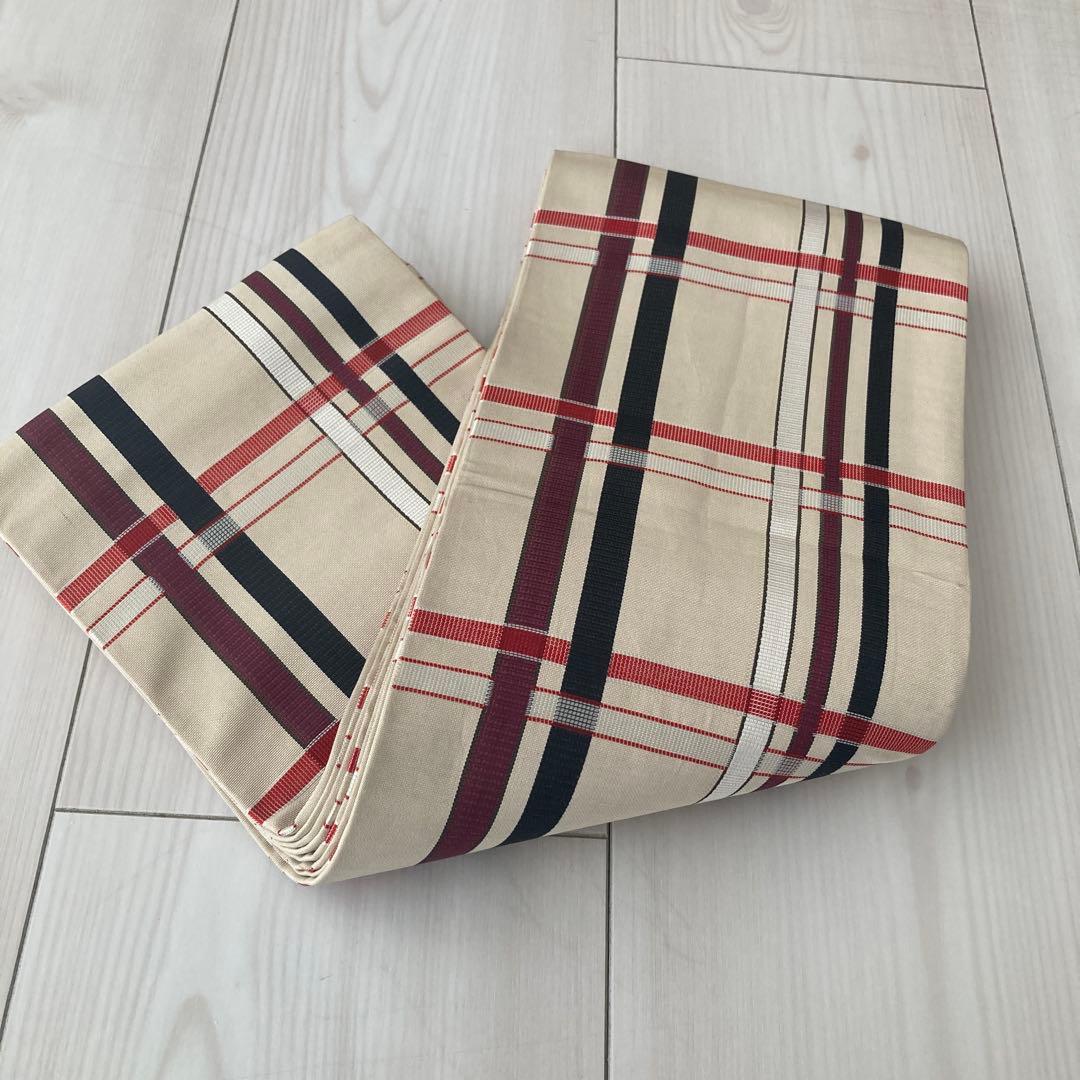 専用　　博多半幅帯　正絹　格子模様　織り出し　淡いベージュ　No.74-00