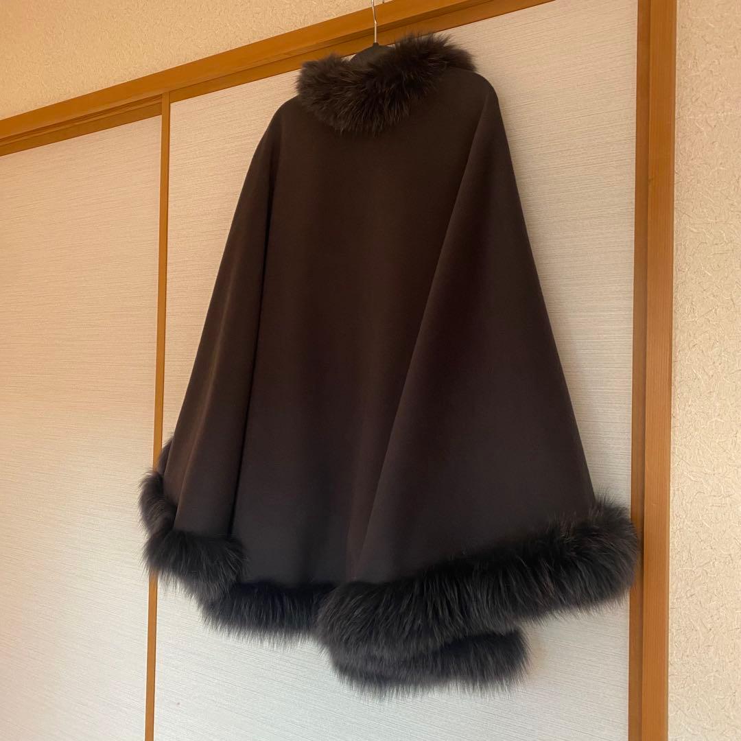 カシミヤ100% ケープコート　ダークグレーポンチョ