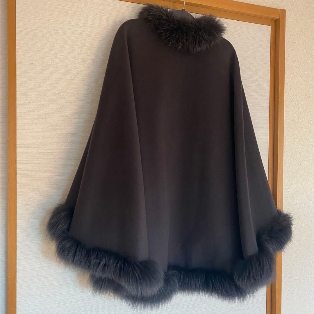 カシミヤ100% ケープコート　ダークグレーポンチョ