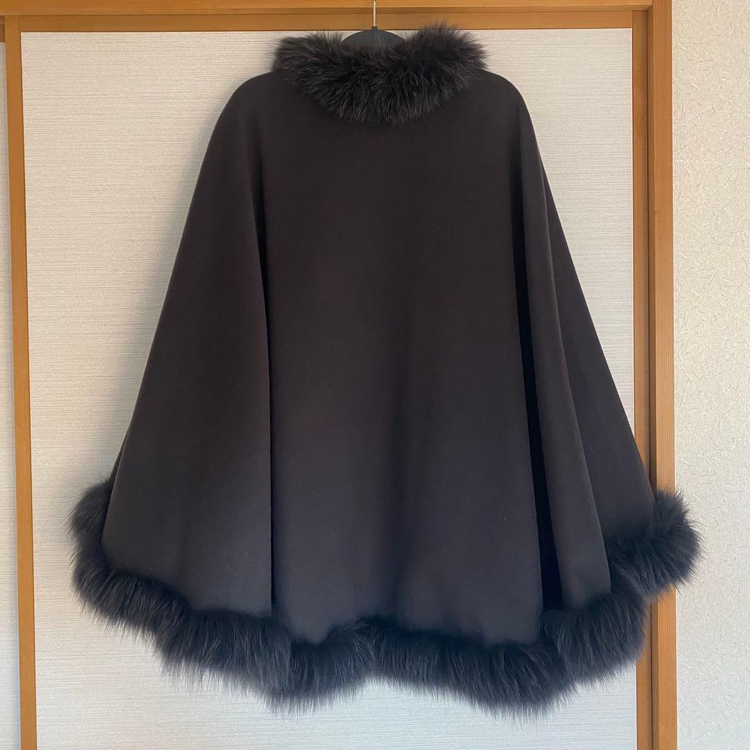 カシミヤ100% ケープコート　ダークグレーポンチョ