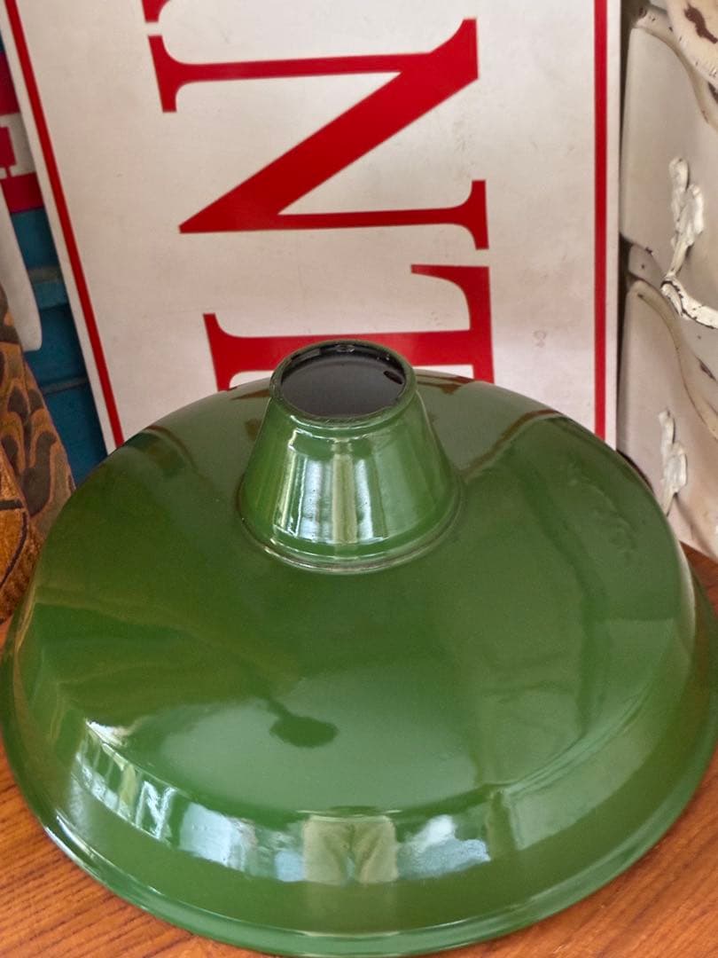 青柳アンティーク　ホーロー　ランプ　シェード　グリーン　30センチ　美品