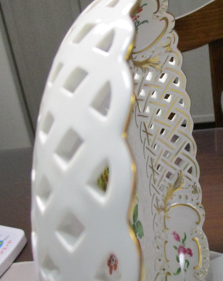 希少 マイセン 飾り皿 透かし ３つ花 プレート 金彩