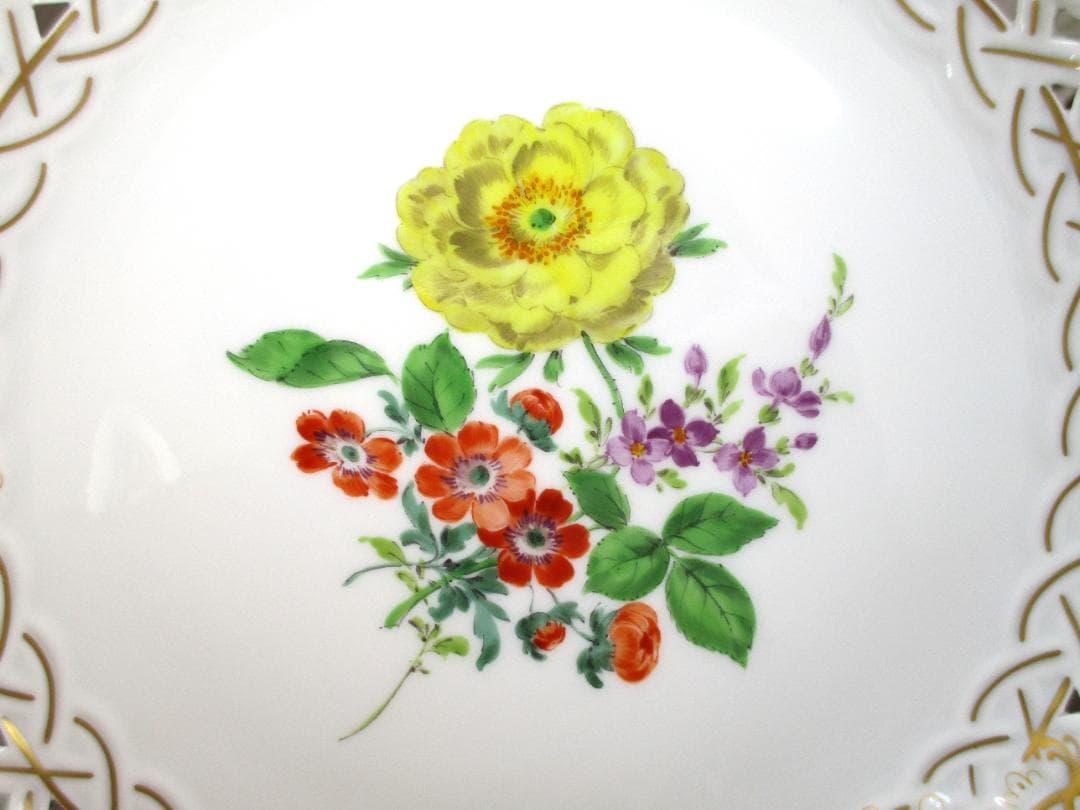 希少 マイセン 飾り皿 透かし ３つ花 プレート 金彩