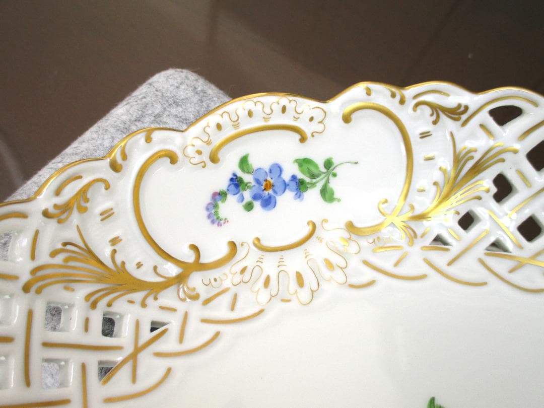 希少 マイセン 飾り皿 透かし ３つ花 プレート 金彩