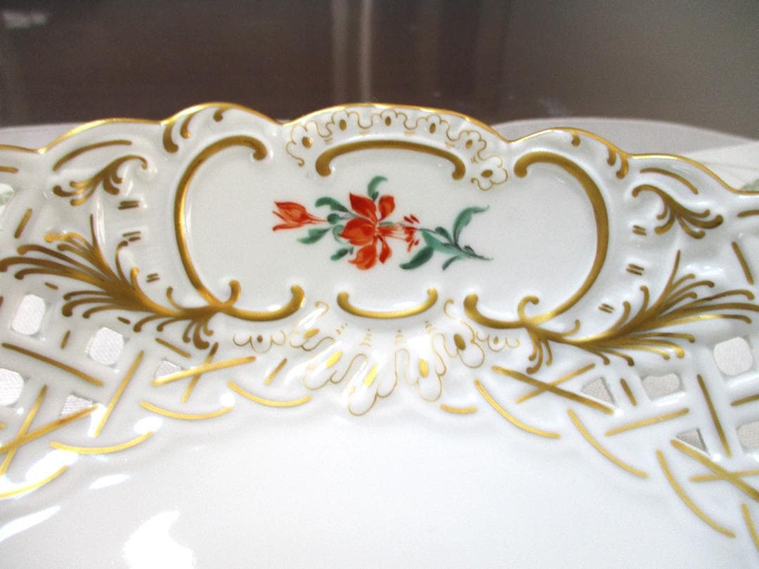 希少 マイセン 飾り皿 透かし ３つ花 プレート 金彩