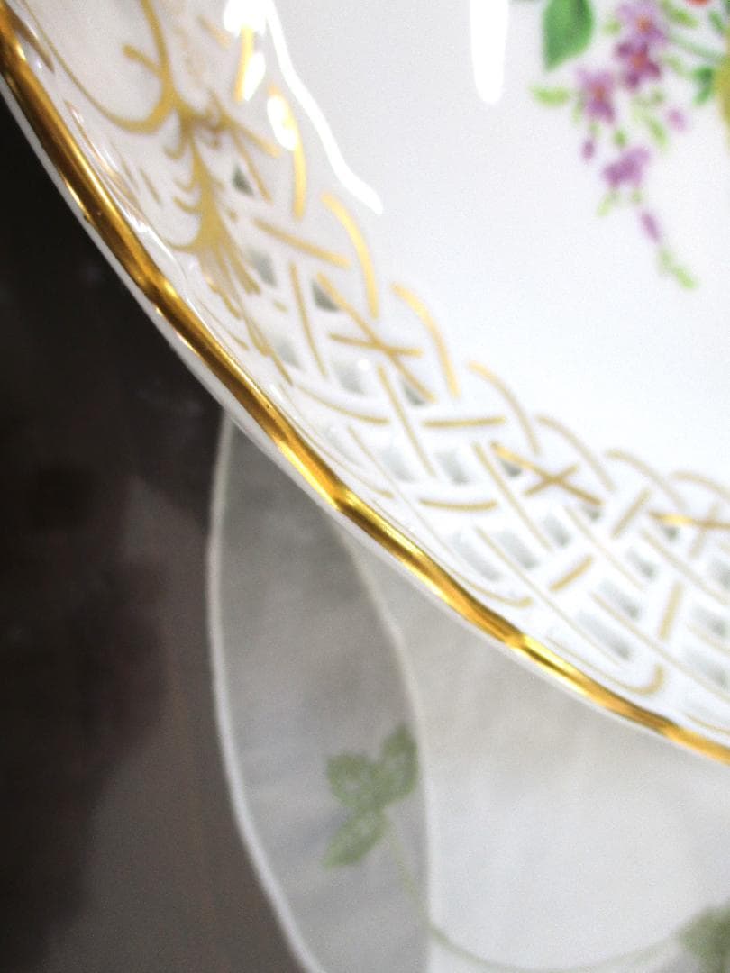 希少 マイセン 飾り皿 透かし ３つ花 プレート 金彩