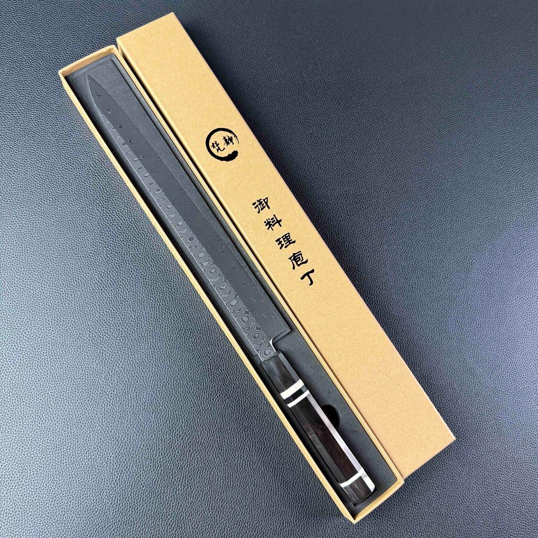 9462新品ダマスカス 柳刃包丁 尺一 渦刃紋105層 黒檀黒水牛白三本巻八角柄