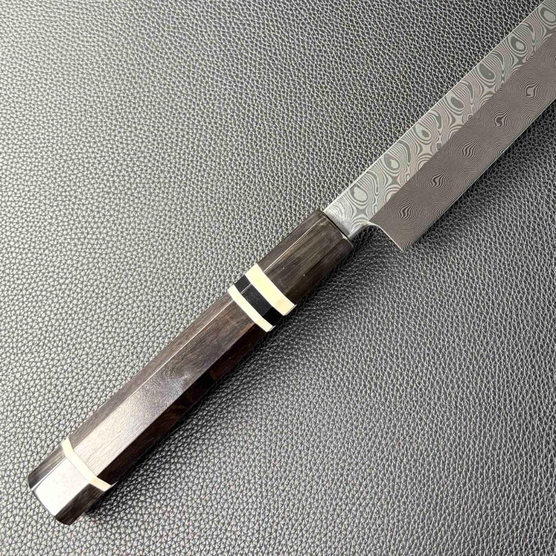 9462新品ダマスカス 柳刃包丁 尺一 渦刃紋105層 黒檀黒水牛白三本巻八角柄