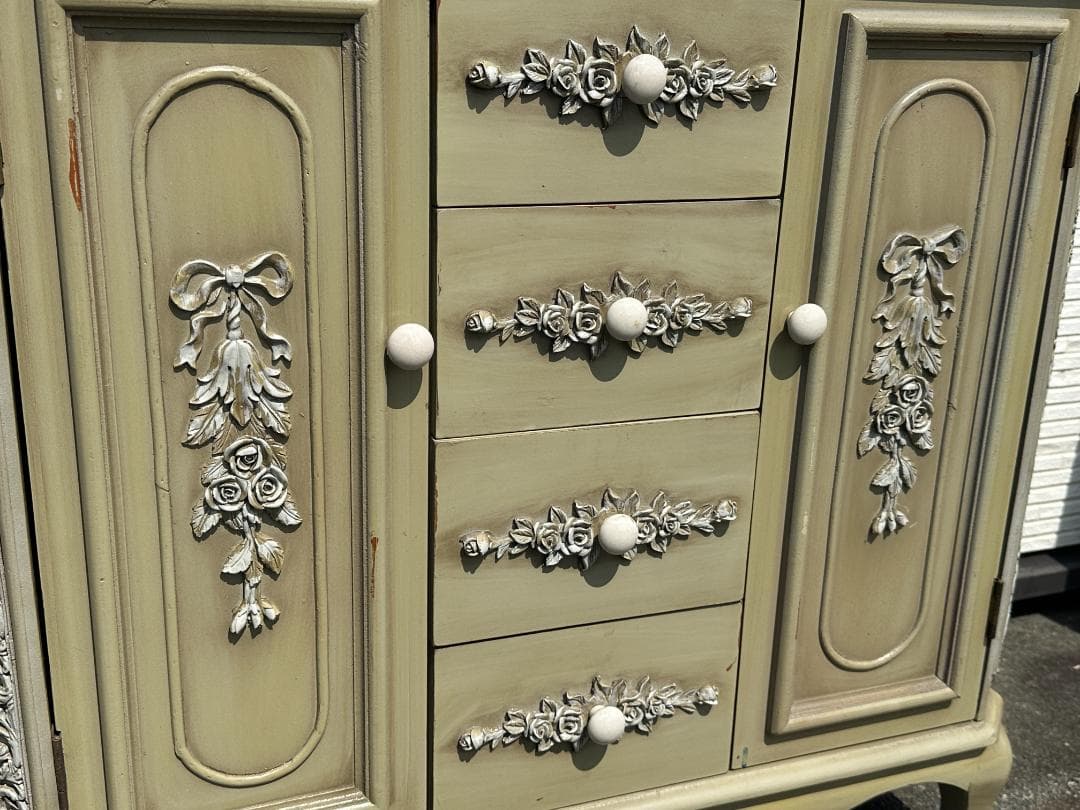 ビンテージ ロココ調 アンティーク風 木製 デザインキャビネット 棚 グリーン