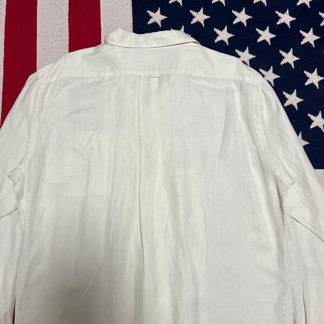 90s ラルフローレン 長袖オープンカラーシャツ シルクリネン 裾ポニー 白