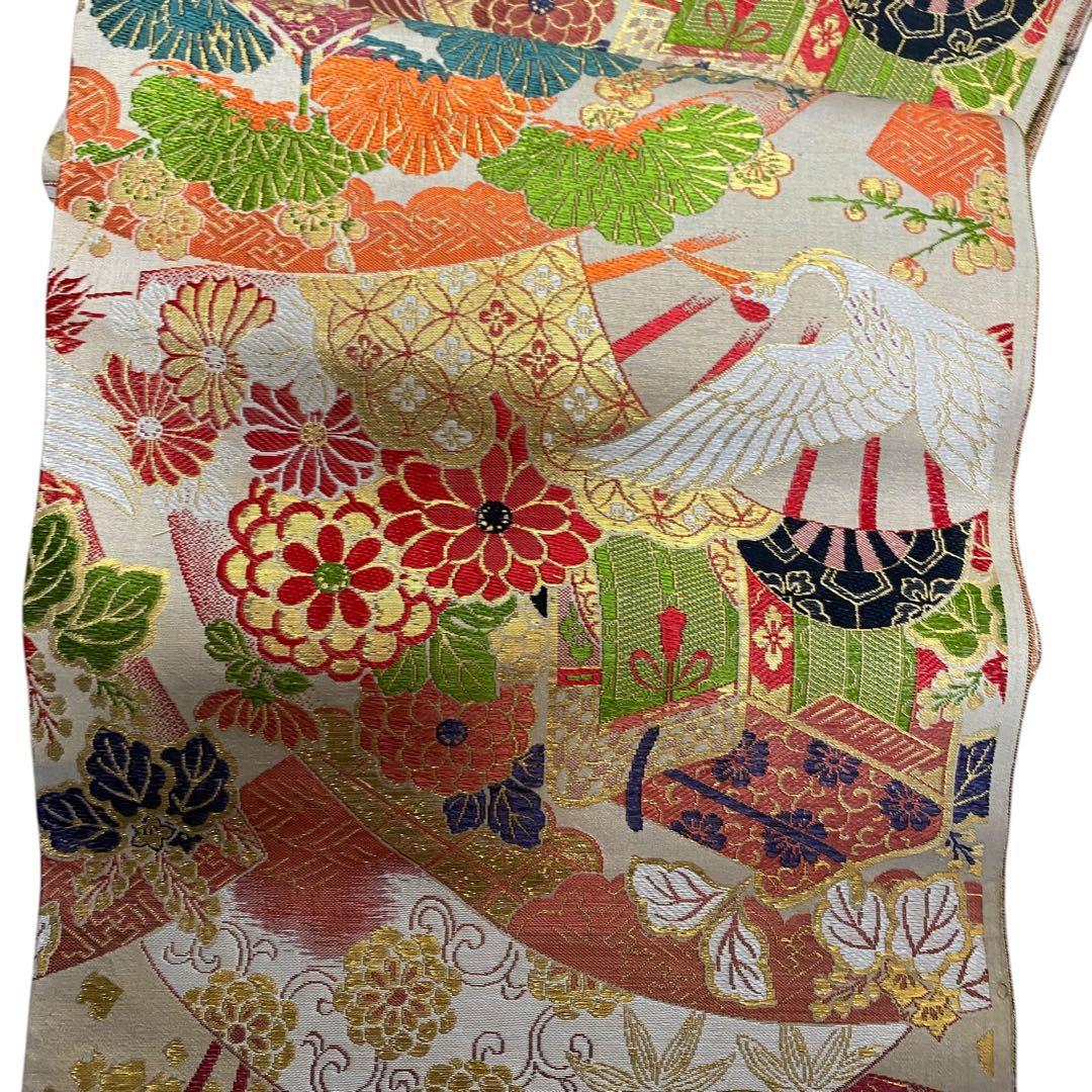 未使用 西陣織 ヴィンテージ 古布 反物 帯や着物にも 鶴、金系 正絹