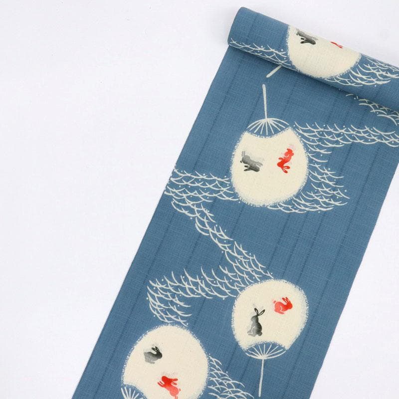 《綿麻紅梅◆浴衣反物■うちわにうさぎ露芝模様◆ブルー■夏着物■反25-35》