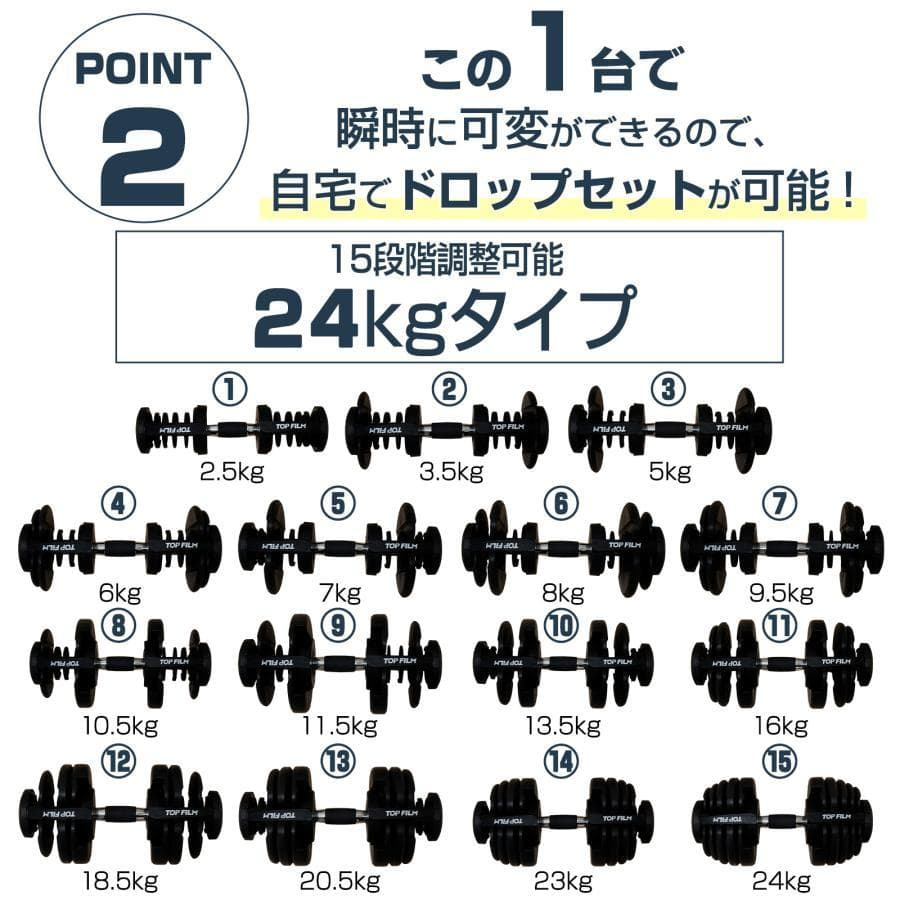 可変式 ダンベル 24kg 1個 15段階調節 アジャスタブルダンベル 専用台付