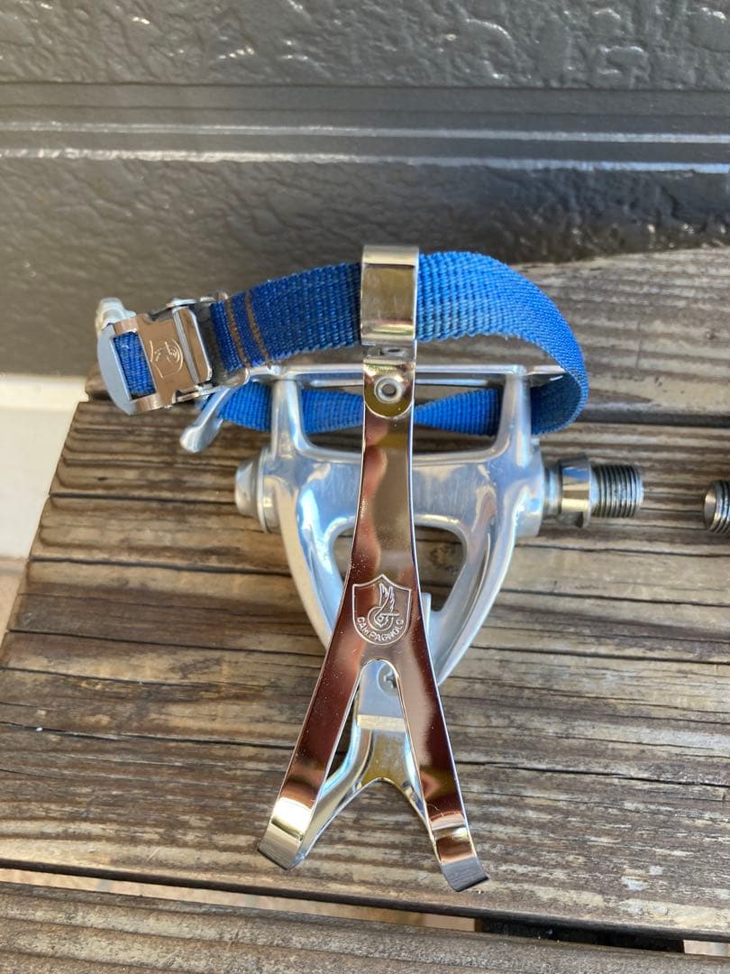 自転車用カンパニョーロビンテージペダル シルバー 青 ストラップ付き