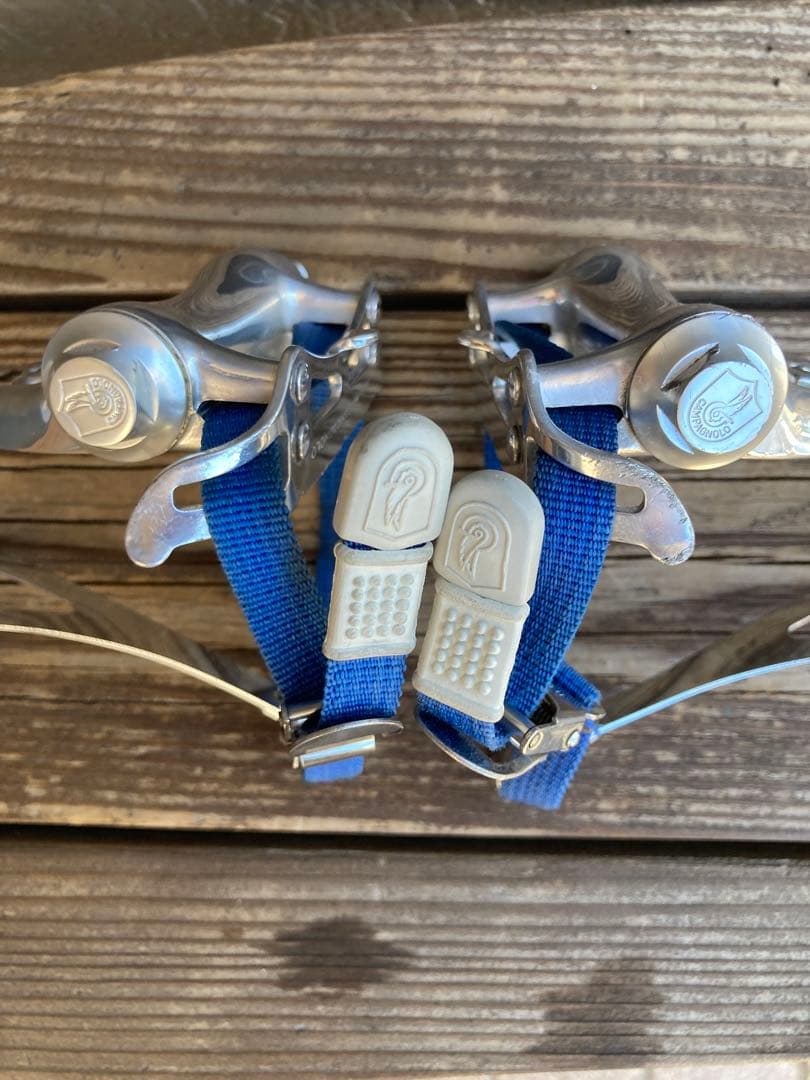 自転車用カンパニョーロビンテージペダル シルバー 青 ストラップ付き