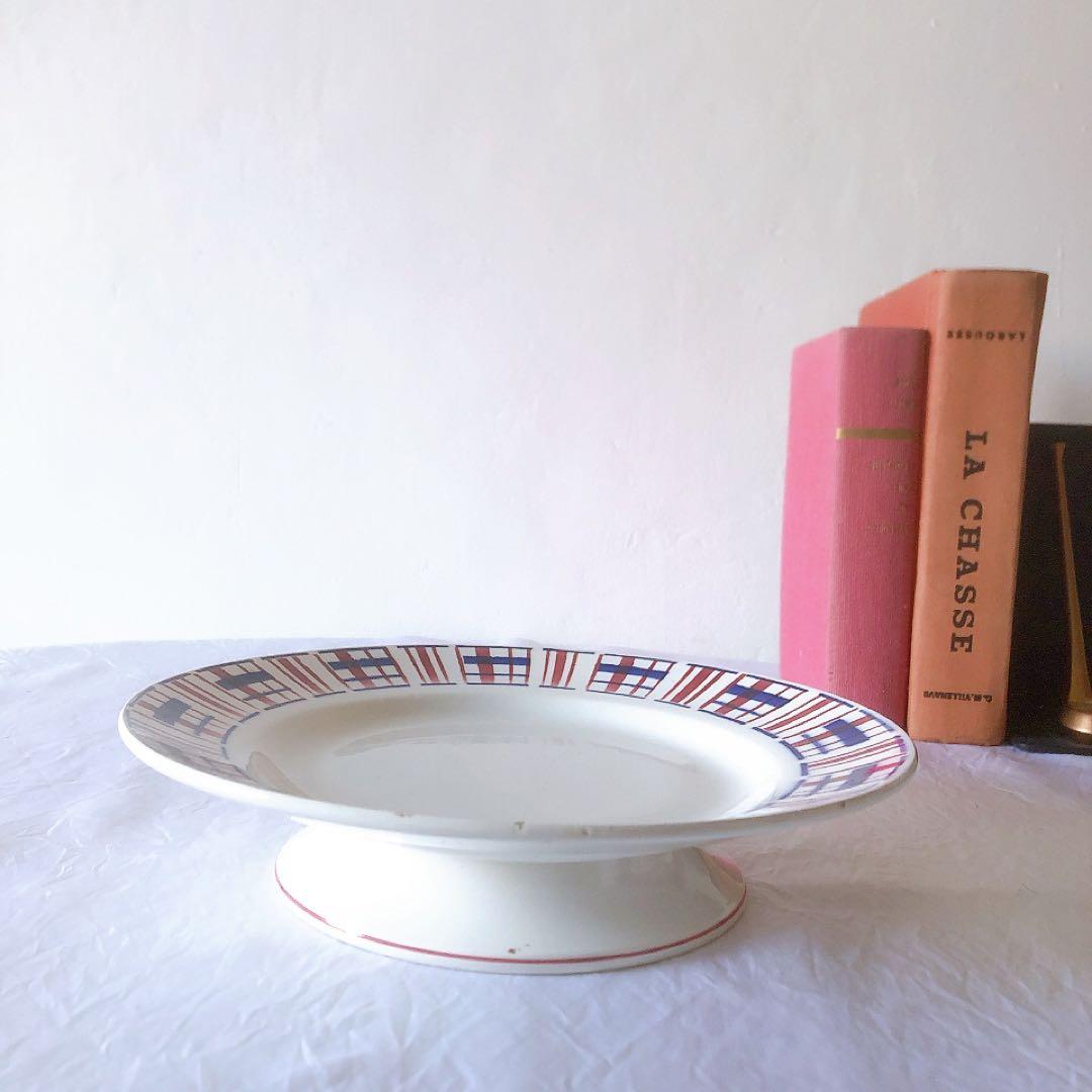 サンタマン　バスク柄ケーキスタンド　フランスアンティーク食器　ブロカント　蚤の市