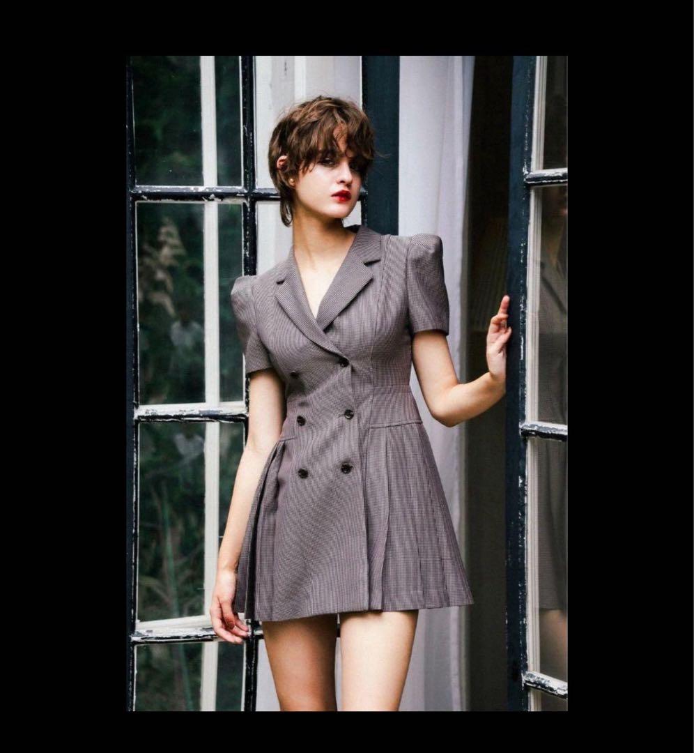 【sheller】　シェリエ　パフスリーブプレーテッドジャケットドレス　プリーツ