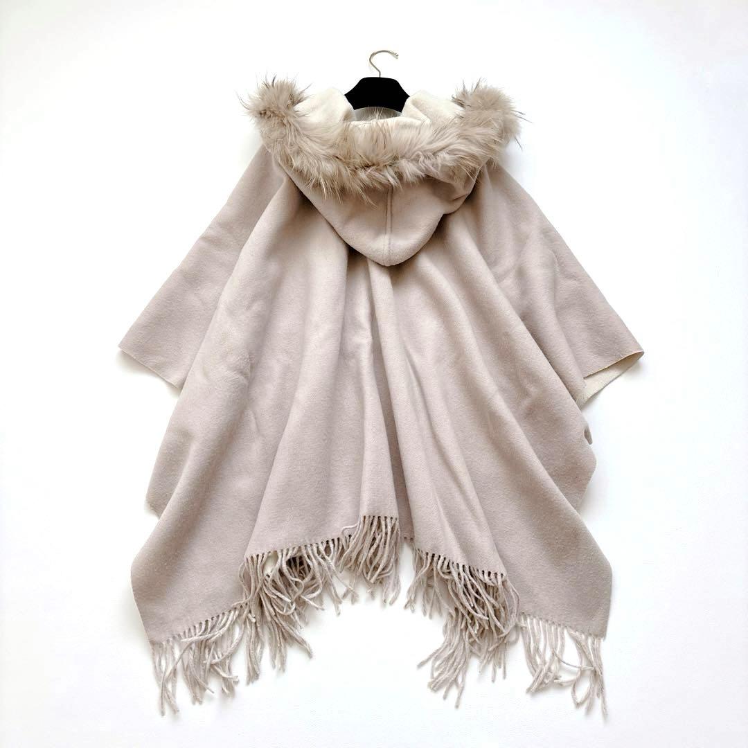 グレースコンチネンタル ウールフードストール フリンジ ファー くすみピンク F