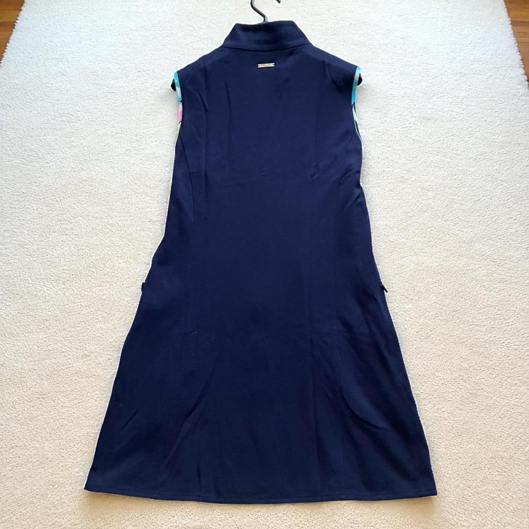 美品 レオナール ジップアップ ノースリーブワンピース トリム ネイビー 40
