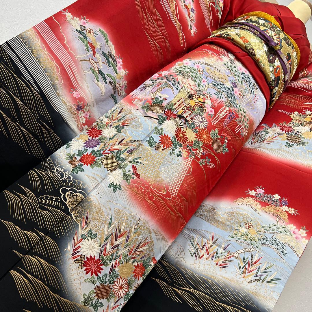 367 振袖フルセット 正絹 赤 レッド 黒 金彩 暈し染め 古典 風景 正統派