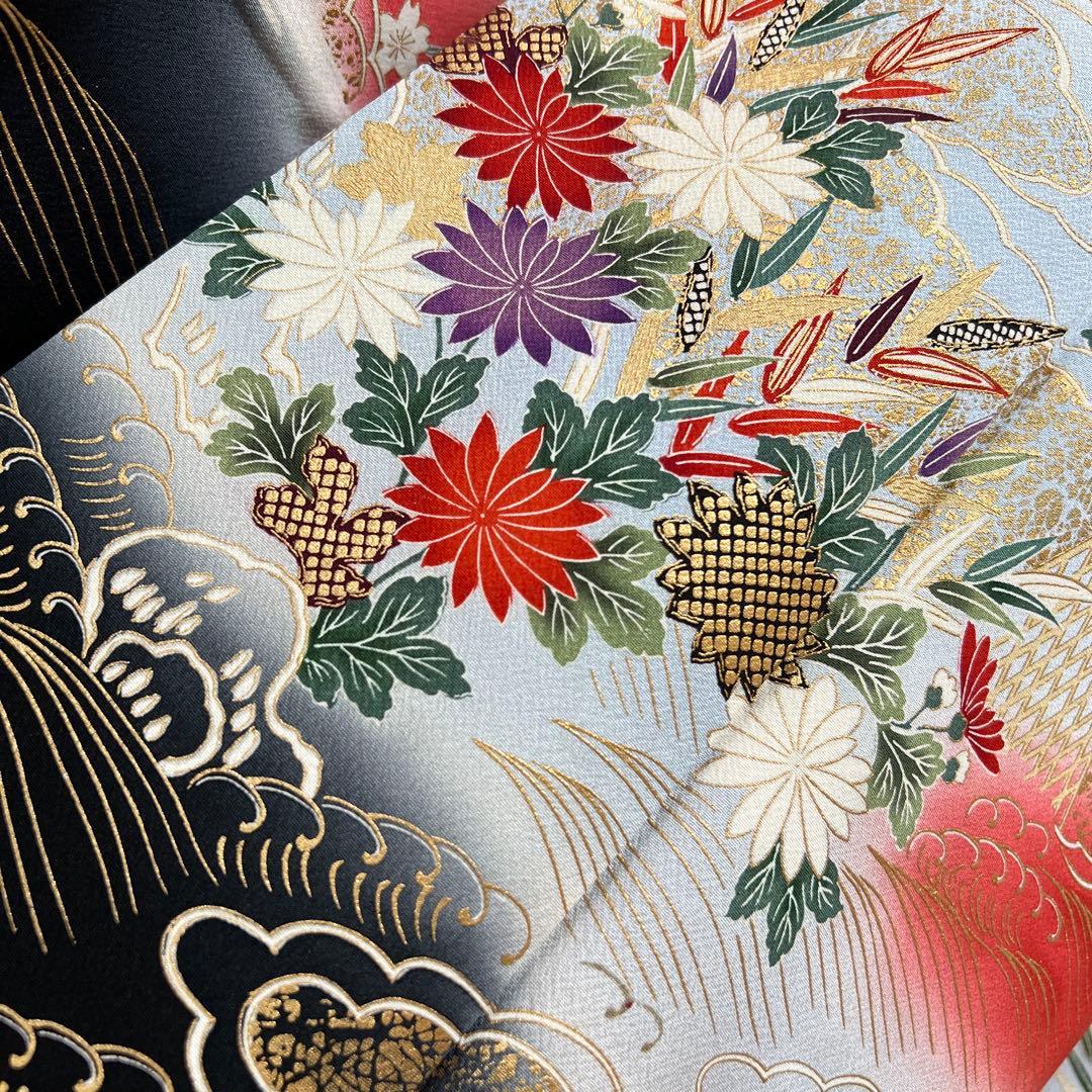 367 振袖フルセット 正絹 赤 レッド 黒 金彩 暈し染め 古典 風景 正統派