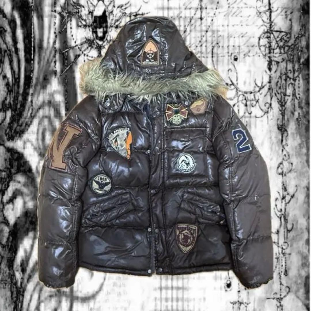 y2k グランジ BAD BOY お兄系 光沢ファーダウンジャケット ワッペン