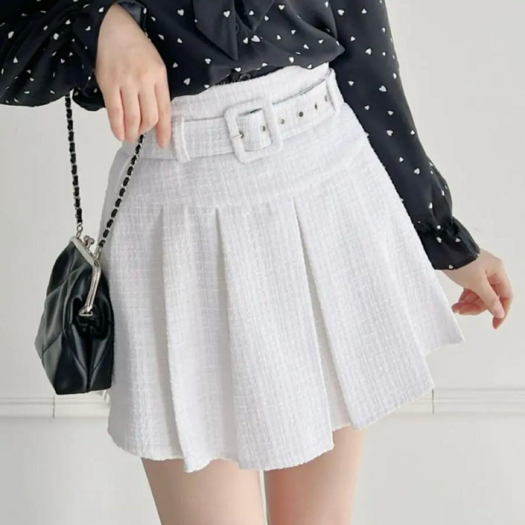 プリーツスカート ミニ ホワイト 白 ベルト ハイウエスト 地雷 量産