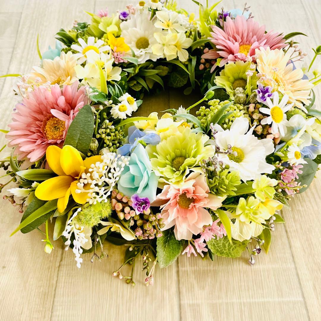 春リース イースター フラワーリース マーガレット 春まち パステル 玄関リース