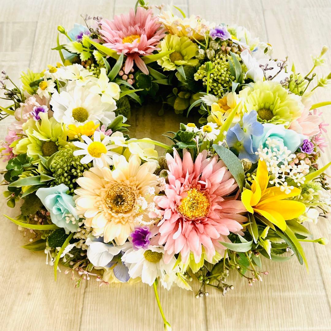 春リース イースター フラワーリース マーガレット 春まち パステル 玄関リース