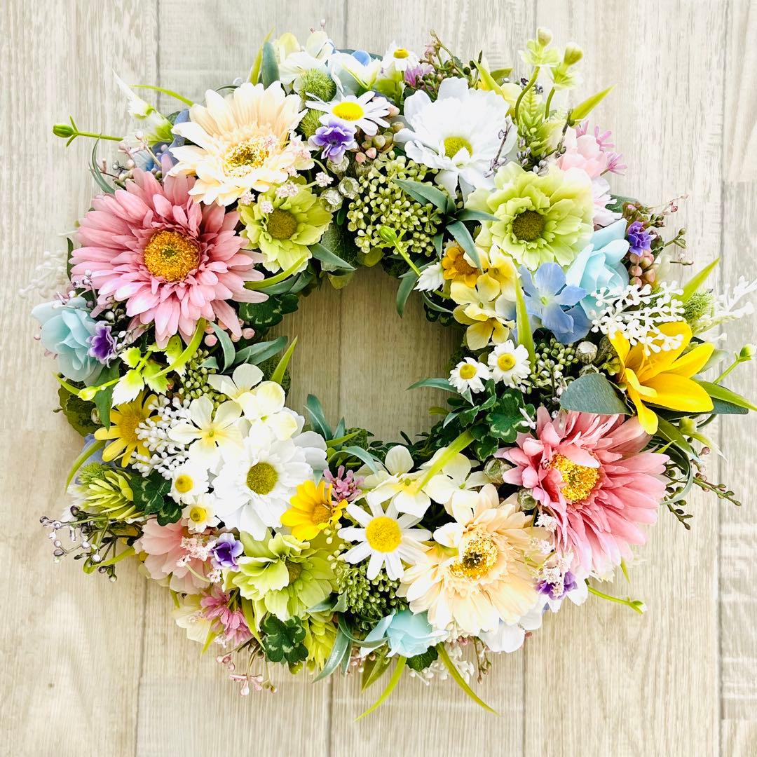 春リース イースター フラワーリース マーガレット 春まち パステル 玄関リース