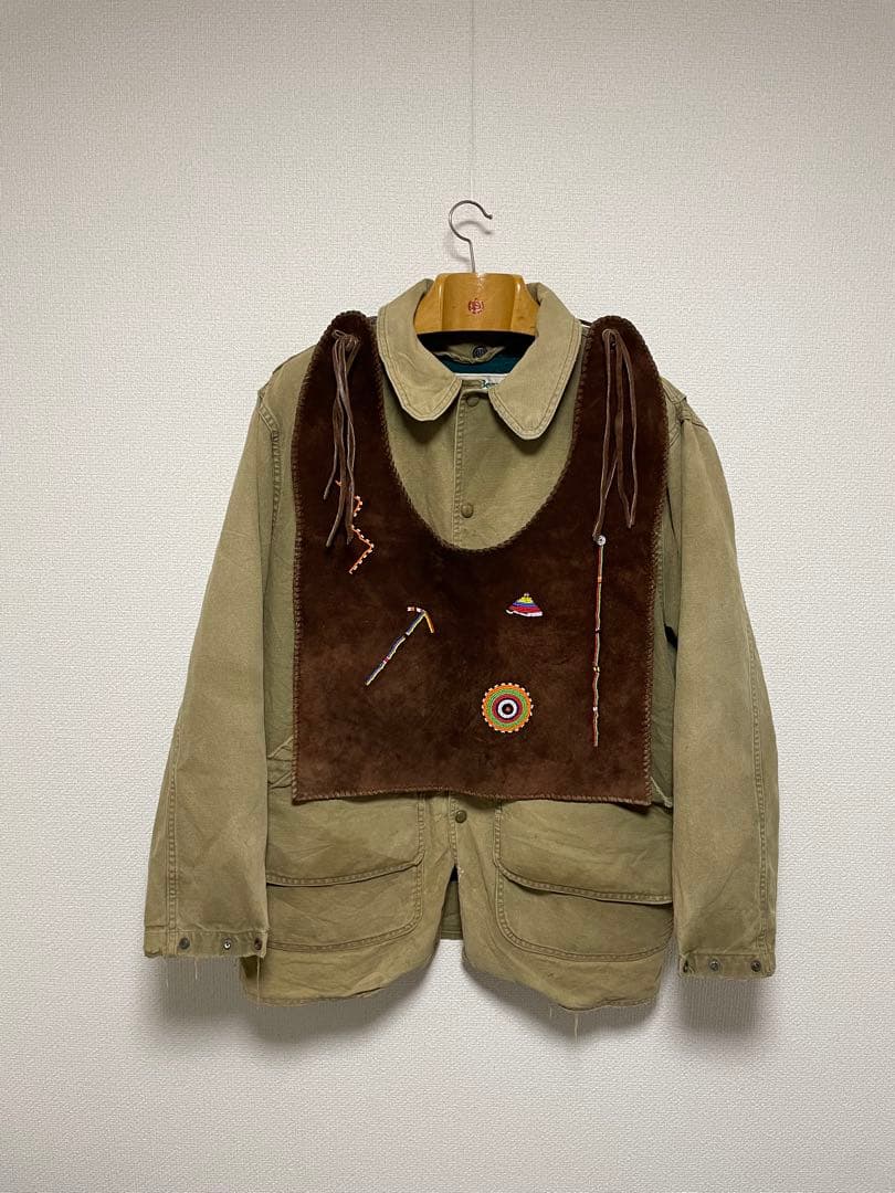 80s ボヘミアン ビーズ レザー エプロン バッグ ベスト スウェード バック