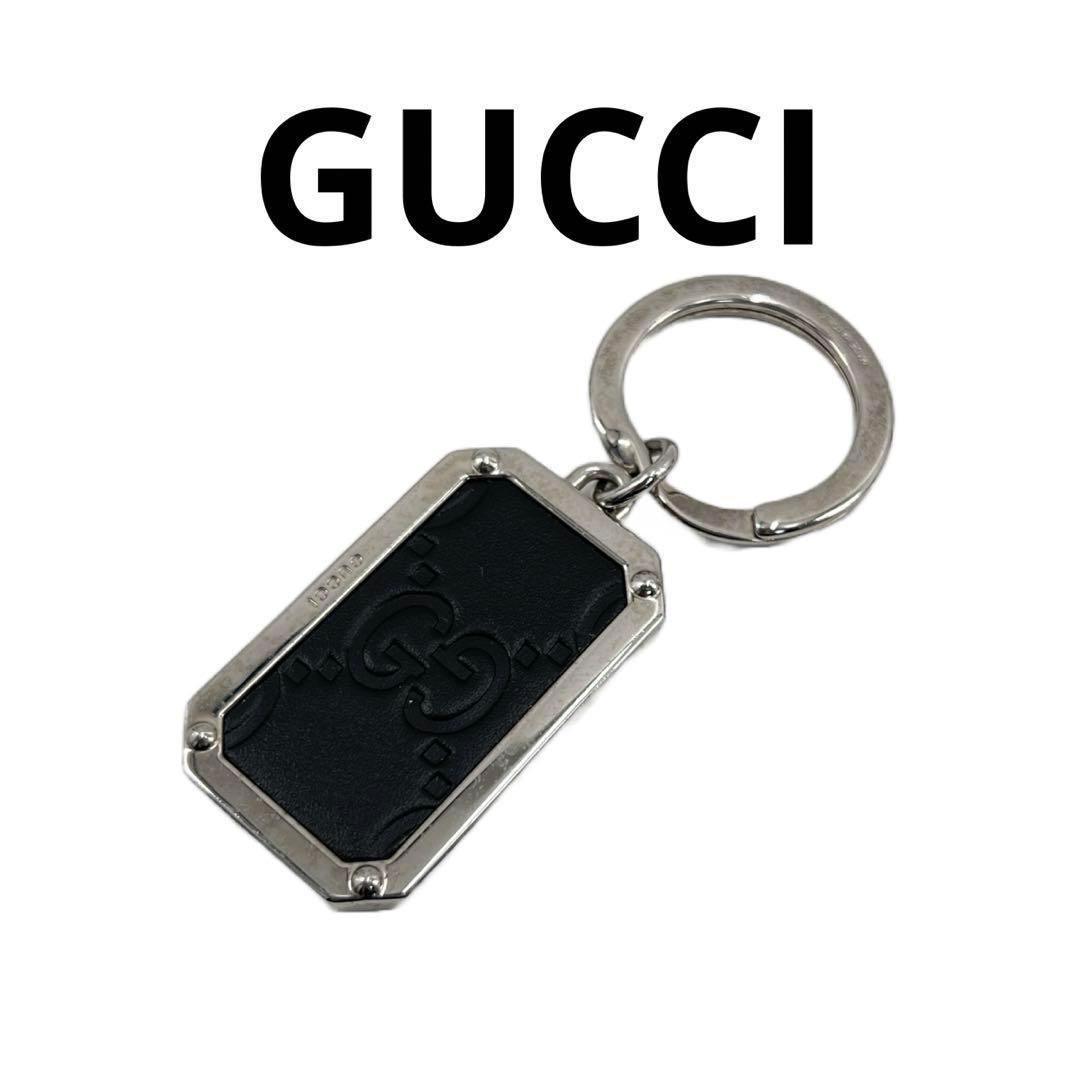 GUCCI グッチ キーリング メタル レザー GG シマ シルバー ブラック