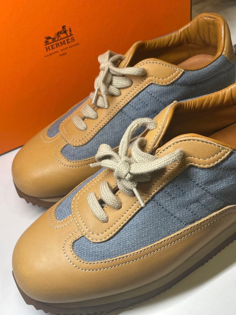【一週間着用】HERMES レザー デニム地コンビ スニーカー　25.5センチ