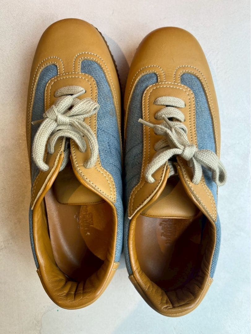 【一週間着用】HERMES レザー デニム地コンビ スニーカー　25.5センチ