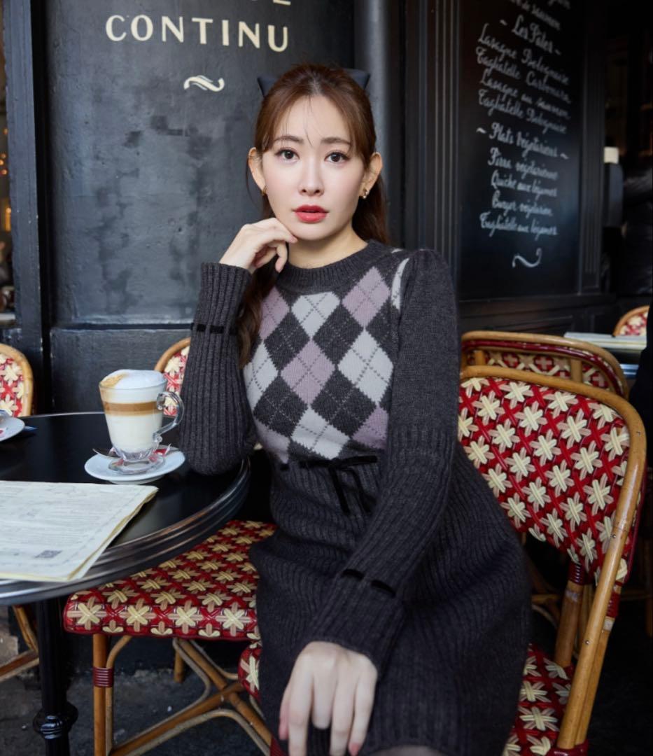 Moor Argyle Ribbon Knit Dress gray - メルカリ