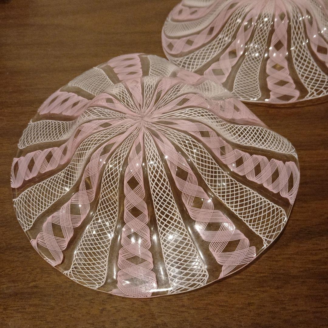 ベネチアンガラス　ムラノ　MURANO　変形皿　2枚　ピンク　レース　インテリア