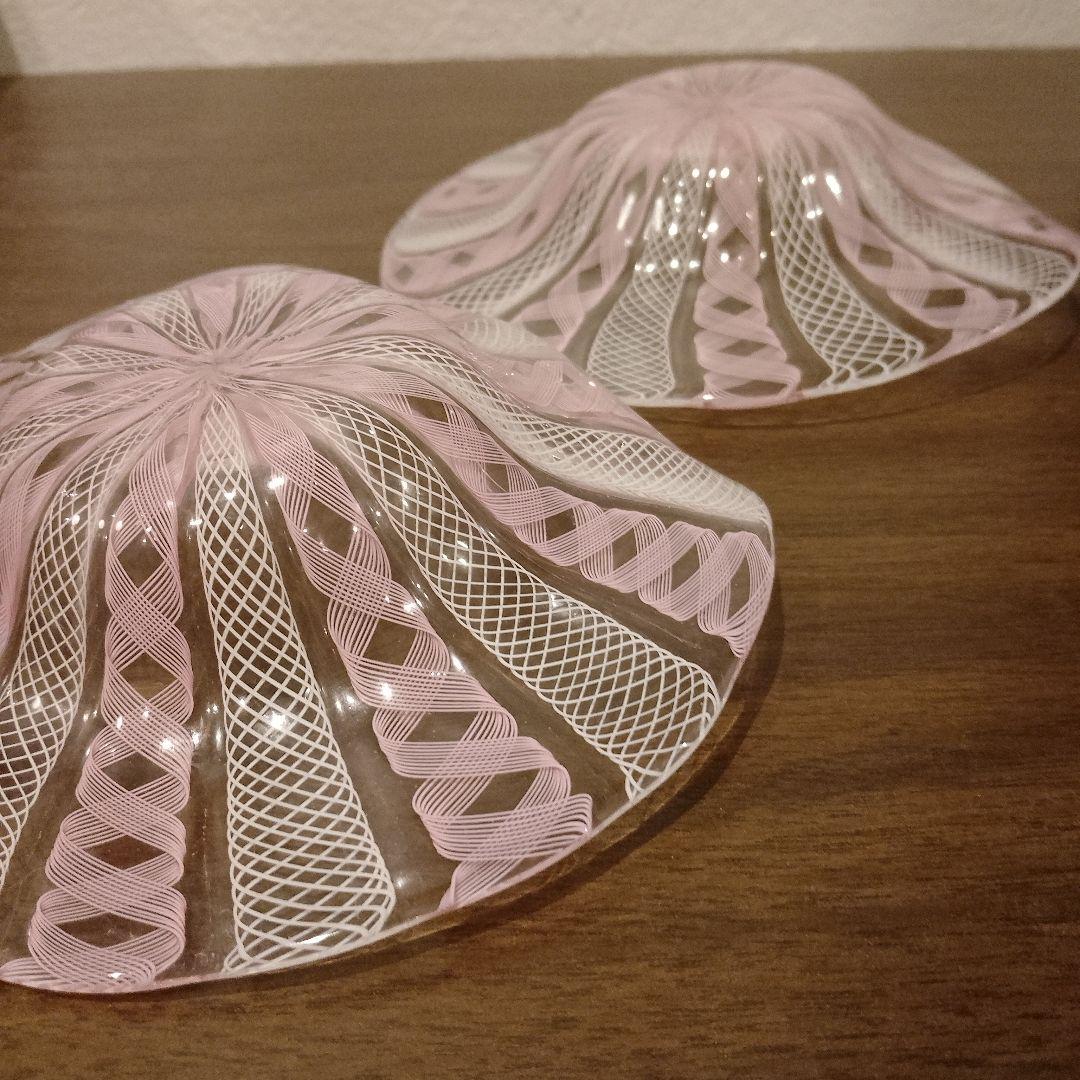 ベネチアンガラス　ムラノ　MURANO　変形皿　2枚　ピンク　レース　インテリア