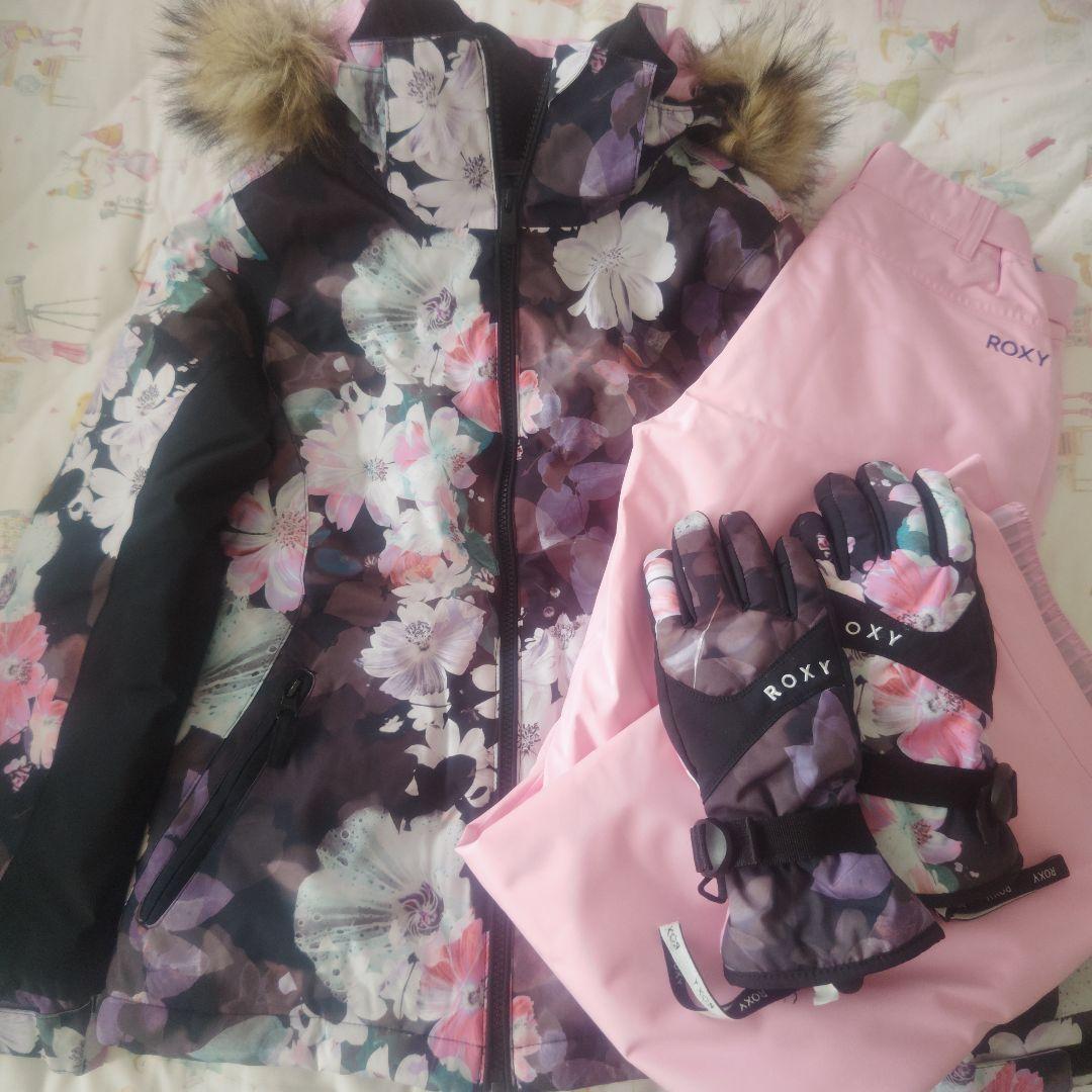 【美品】ROXY 花柄スキーウェア上下 手袋 セット 150cm