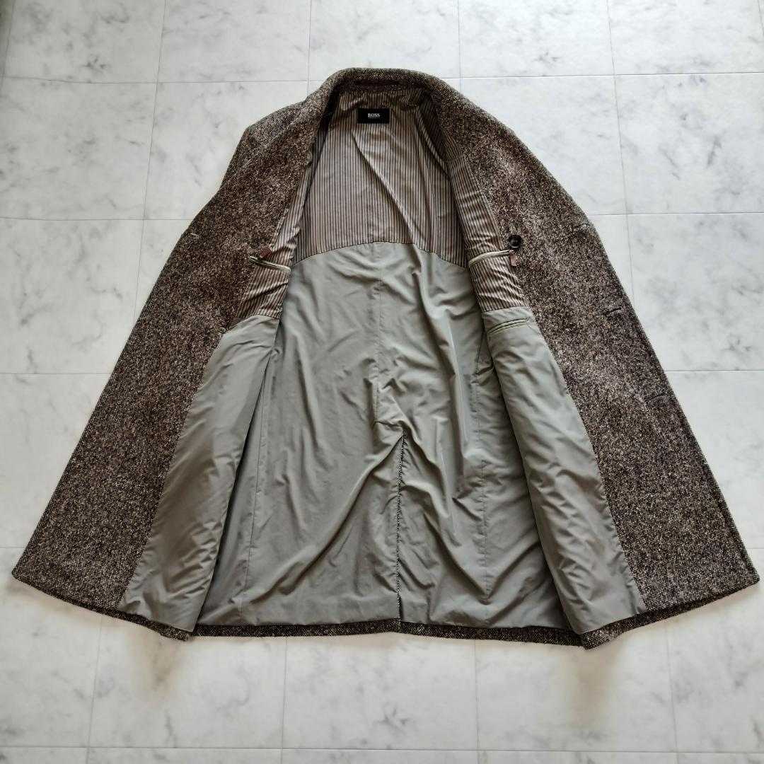 ヒューゴボス ツイードダブルブレストチェスターコート 52 XL ブラウン 秋冬