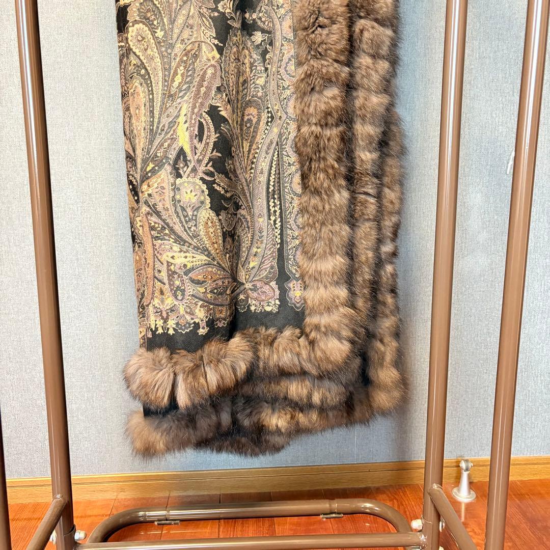 【超美品】ショール　ブルーフォックス付きペーズリー模様カシミアストール
