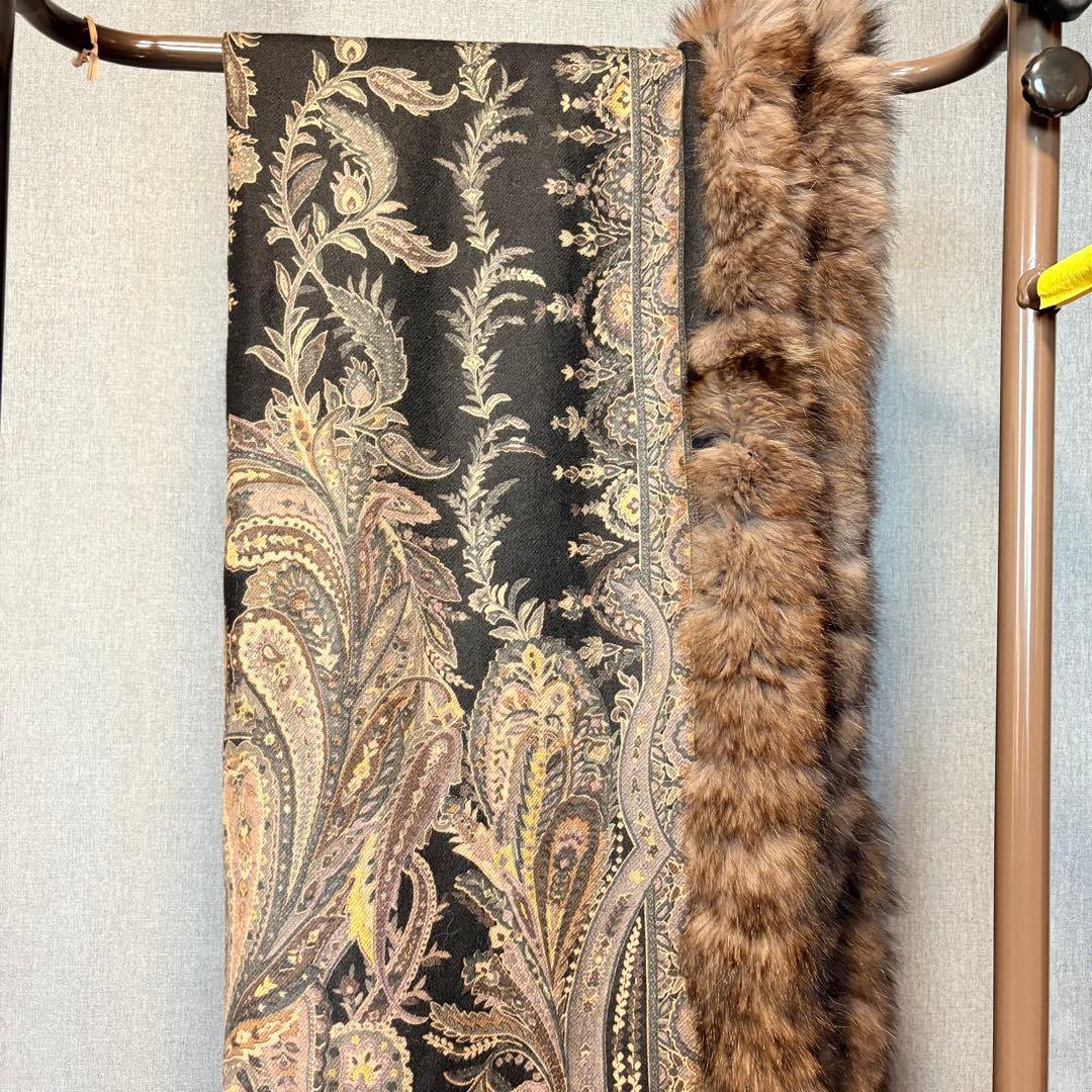 【超美品】ショール　ブルーフォックス付きペーズリー模様カシミアストール