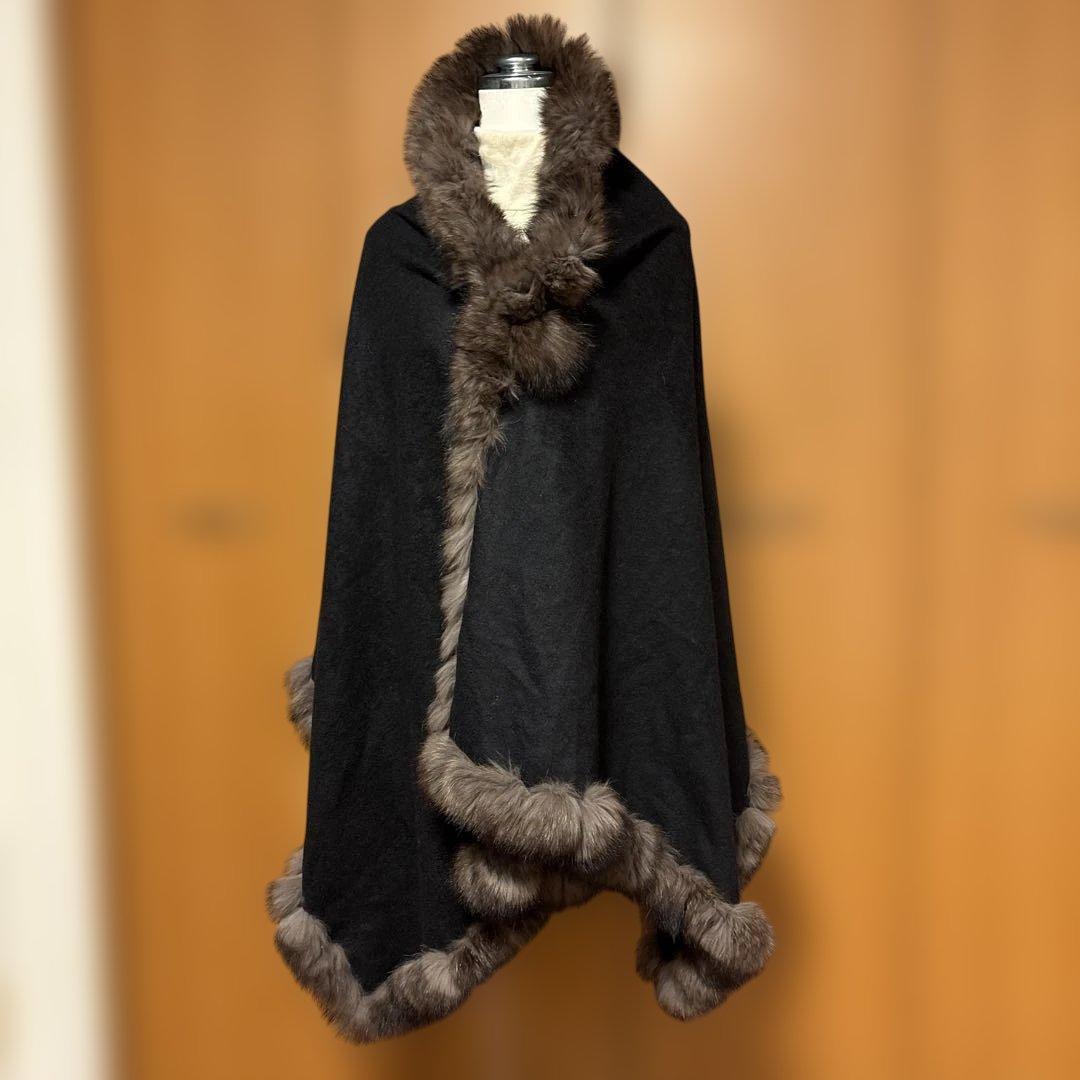 【超美品】ショール　ブルーフォックス付きペーズリー模様カシミアストール